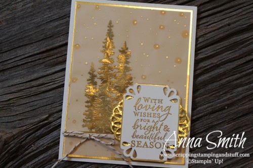 Gold Wonderland Christmas Card using Stampin' Up! Wonderland stamp set and Winter Wonderland designer vellum. Greeting is from Embellished Ornaments stamp set.