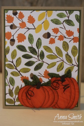 Pumpkin Time card using Into the Woods designer paper, Cheer All Year stamp set, pumpkin punch art