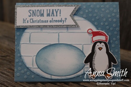 Snow Way Penguin and Igloo Card using Stampin' Up! Snow Friends and Snow Place bundle and brick wall embossing folder