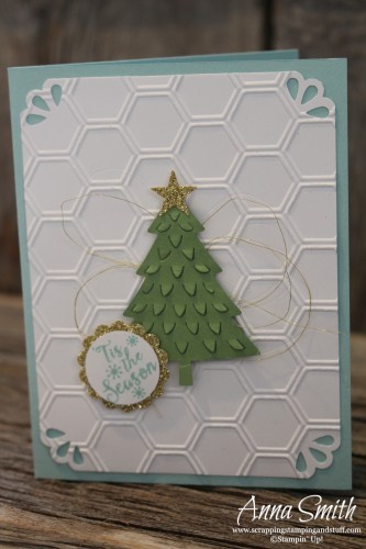 Peaceful Pines Christmas Card using Honeycomb Hive embossing folder and Curvy Corner Trio Punch