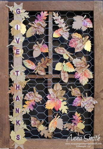 Thankful Tree Frame ICS Blog Hop using Stampin' Up! Vintage Leaves stamp set and leaflets dies. Lath frame, chicken wire and burlap ribbon.