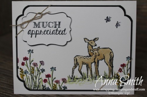 Sneak peek of the new Stampin' Up! Occasions Catalog! Thank you card with watercolor deer using the In the Meadow and Helping Me Grow stamp sets.