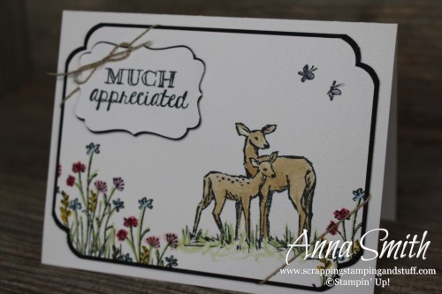 Sneak peek of the new Stampin' Up! Occasions Catalog! Thank you card with watercolor deer using the In the Meadow and Helping Me Grow stamp sets.