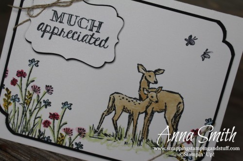 Sneak peek of the new Stampin' Up! Occasions Catalog! Thank you card with watercolor deer using the In the Meadow and Helping Me Grow stamp sets.