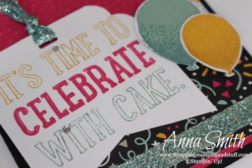 It's Time to Celebrate With Cake birthday card made with Party with Cake and Balloon Celebration stamp sets, It's My Party paper and balloon bouquet punch