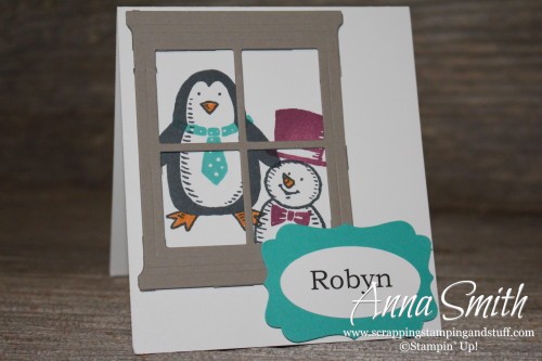 Snowman Place Cards made with Stampin' Up! Snow Place stamp set and Hearth and Home window die