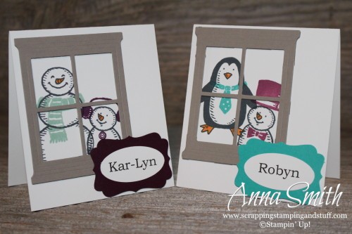 Snowman Place Cards made with Stampin' Up! Snow Place stamp set and Hearth and Home window die