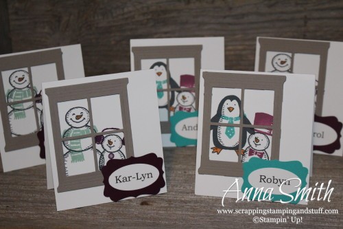 Snowman Place Cards made with Stampin' Up! Snow Place stamp set and Hearth and Home window die