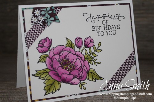 Birthday Blooms Card Stampin' Up! Features watercoloring on the flower, which was done with aqua painters.