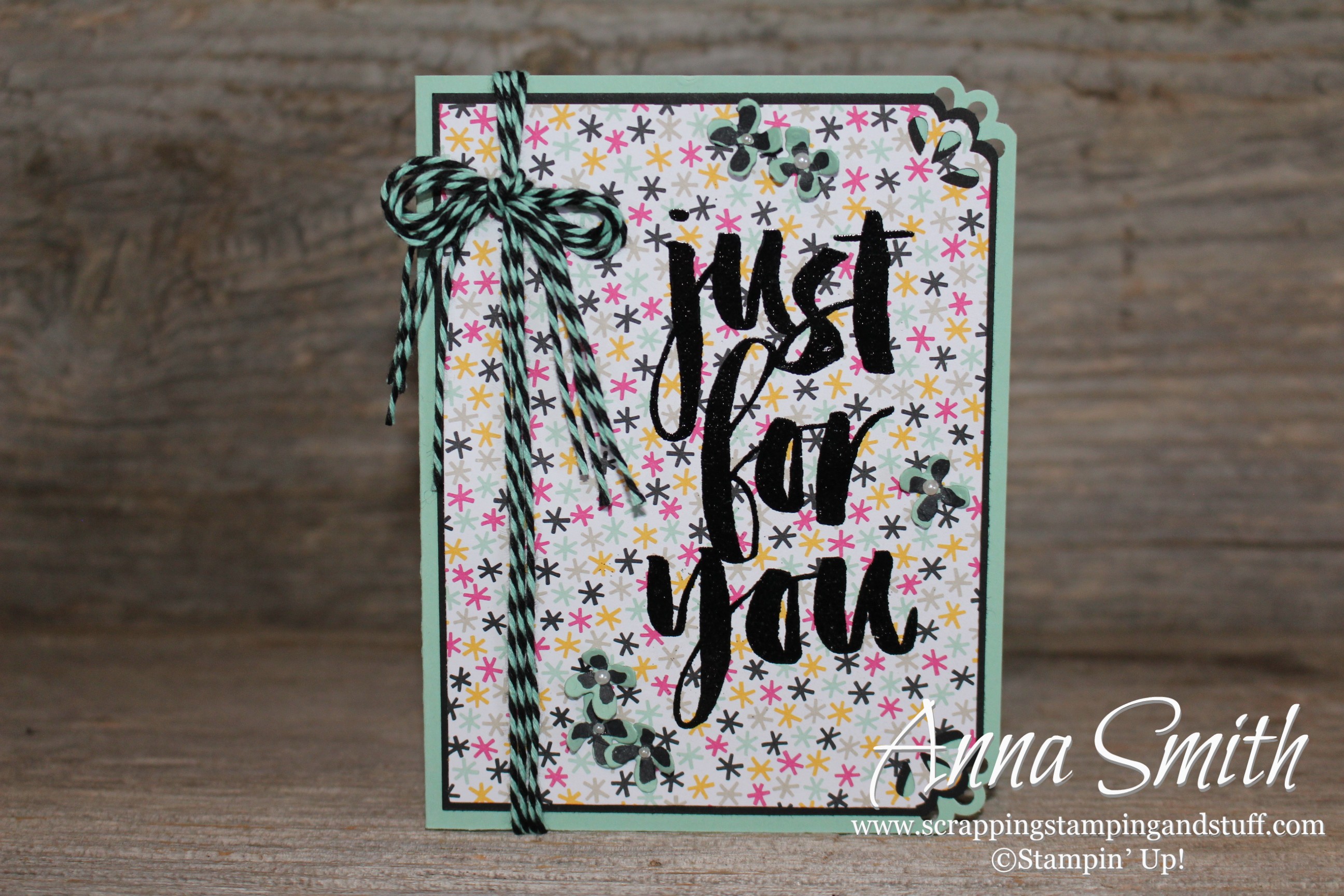 Just For You card using Stampin' Up! Botanicals for You Sale-a-bration gift stamp set, It's My Party designer paper, curvy corner trio punch