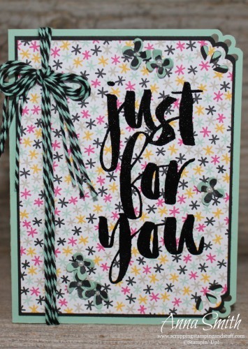 Just For You card using Stampin' Up! Botanicals for You Sale-a-bration gift stamp set, It's My Party designer paper, curvy corner trio punch