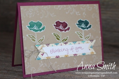 Bohemian Blooms Thinking of You Card made with the Birthday Blooms, Sheltering Tree and Timeless Textures stamp sets and Bohemian designer paper.
