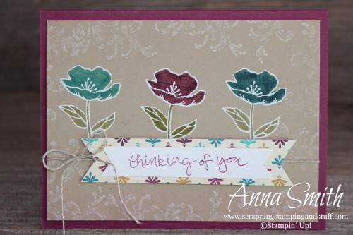 Bohemian Blooms Thinking of You Card made with the Birthday Blooms, Sheltering Tree and Timeless Textures stamp sets and Bohemian designer paper.