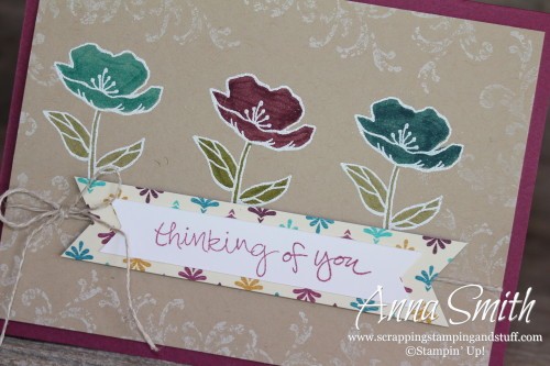 Bohemian Blooms Thinking of You Card made with the Birthday Blooms, Sheltering Tree and Timeless Textures stamp sets and Bohemian designer paper.