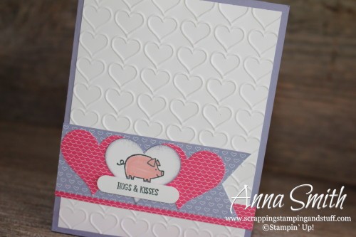 Hogs & Kisses Valentine's Day Card made with Barnyard Babies stamp set, Have a Cuppa designer paper, sweetheart punch and the happy heart embossing folder