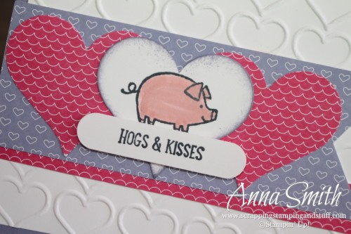 Hogs & Kisses Valentine's Day Card made with Barnyard Babies stamp set, Have a Cuppa designer paper, sweetheart punch and the happy heart embossing folder