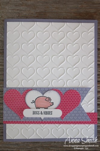 Hogs & Kisses Valentine's Day Card made with Barnyard Babies stamp set, Have a Cuppa designer paper, sweetheart punch and the happy heart embossing folder