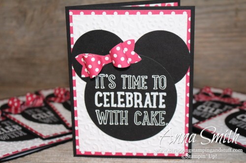 Little girl Minnie Mouse birthday party invitations made using the Party with Cake and Dotty Angles stamp sets and the Bow Builder punch