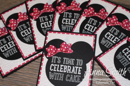 Little girl Minnie Mouse birthday party invitations made using the Party with Cake and Dotty Angles stamp sets and the Bow Builder punch