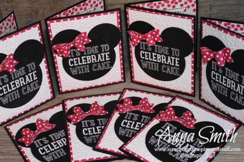 Little girl Minnie Mouse birthday party invitations made using the Party with Cake and Dotty Angles stamp sets and the Bow Builder punch