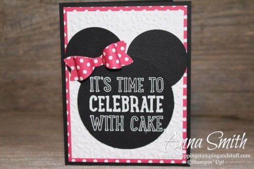 Little girl Minnie Mouse birthday party invitations made using the Party with Cake and Dotty Angles stamp sets and the Bow Builder punch