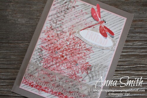 Dragonfly friend card made using the Stampin' Up! Awesomely Artistic stamp set, botanical gardens designer vellum and in color envelope paper
