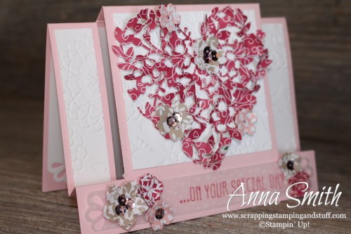 It's a Love Thing Fancy Fold Wedding Valentine's Card using Bloomin' Heart Thinlits, Botanicals For You and Big News stamp sets and Love Blossoms designer paper