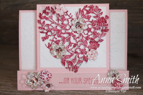 It's a Love Thing Fancy Fold Wedding Valentine's Card using Bloomin' Heart Thinlits, Botanicals For You and Big News stamp sets and Love Blossoms designer paper