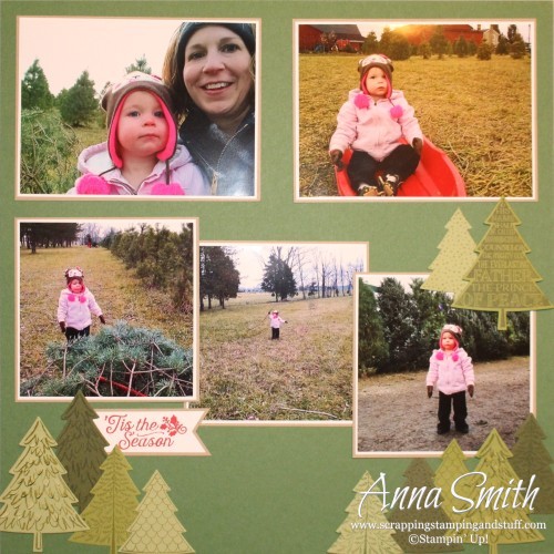 Christmas Tree Scrapbook Page made with Stampin' Up! Peaceful Pines and Oh What Fun stamp sets and Perfect Pines framelits