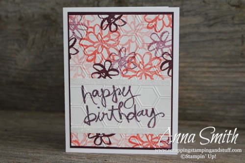 Watercolor Words Happy Birthday Card with pink and purple flowers, also uses the Honeycomb embossing folder