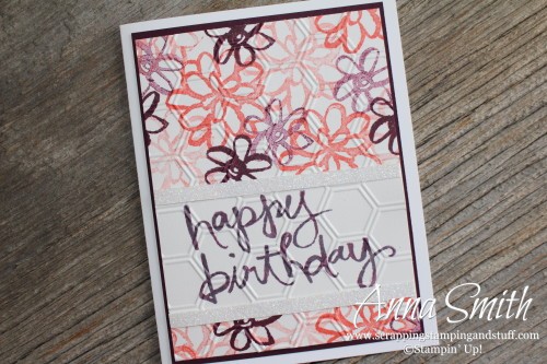 Watercolor Words Happy Birthday Card with pink and purple flowers, also uses the Honeycomb embossing folder