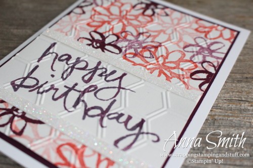 Watercolor Words Happy Birthday Card with pink and purple flowers, also uses the Honeycomb embossing folder