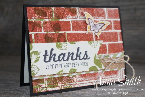 Brick Wall Thank You Card using Stampin' Up! Fabulous Four, Kinda Eclectic and Papillon Potpourri stamp sets and Brick Wall embossing folder