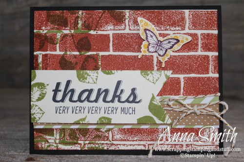 Brick Wall Thank You Card using Stampin' Up! Fabulous Four, Kinda Eclectic and Papillon Potpourri stamp sets and Brick Wall embossing folder