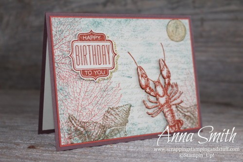 Masculine Birthday Card made with Stampin' Up! By the Tide and Tag Talk stamp sets. Ocean, lobster, shells and coral.