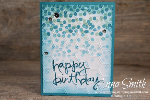 Stampin' Up! Blue Dotty Angles Confetti Birthday Card also uses Watercolor Words stamp set and Honeycomb embossing folder