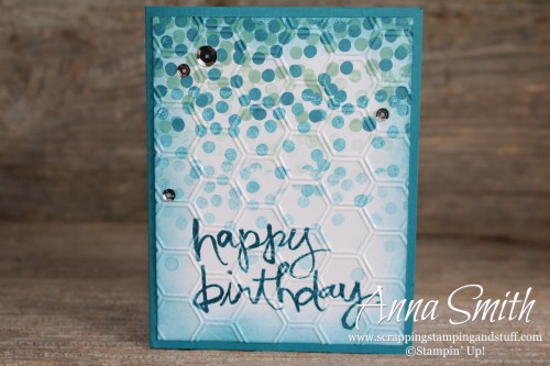 Stampin' Up! Blue Dotty Angles Confetti Birthday Card also uses Watercolor Words stamp set and Honeycomb embossing folder