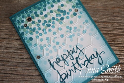 Stampin' Up! Blue Dotty Angles Confetti Birthday Card also uses Watercolor Words stamp set and Honeycomb embossing folder