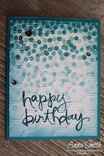 Stampin' Up! Blue Dotty Angles Confetti Birthday Card also uses Watercolor Words stamp set and Honeycomb embossing folder