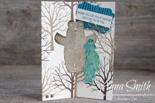Bear Hugs Flip Card Birthday Card with written tutorial. Made with Stampin' Up! Sheltering Tree, Bear Hugs and Guy Greetings stamp sets.