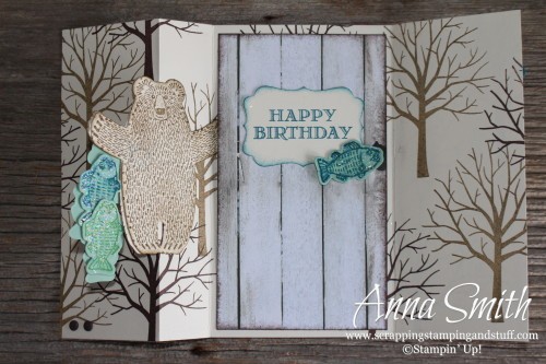 Bear Hugs Flip Card Birthday Card with written tutorial. Made with Stampin' Up! Sheltering Tree, Bear Hugs and Guy Greetings stamp sets.