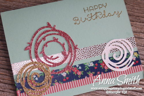 Handmade birthday card with Stampin' Up! Swirly Scribbles thinlits and Cottage Greetings stamp set