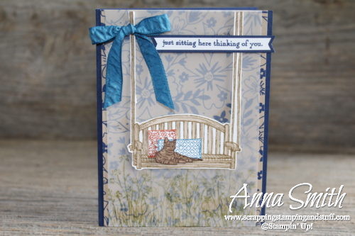 Adorable porch swing and kitty cat card using the Stampin' Up! Sitting Here stamp set and Affectionately Yours designer paper