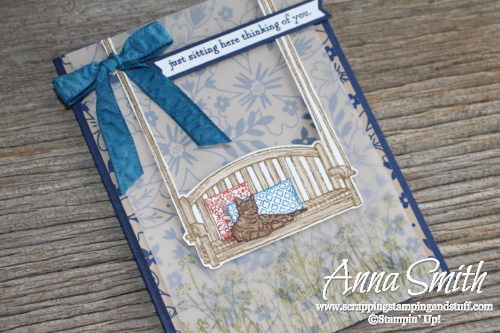 Adorable porch swing and kitty cat card using the Stampin' Up! Sitting Here stamp set and Affectionately Yours designer paper