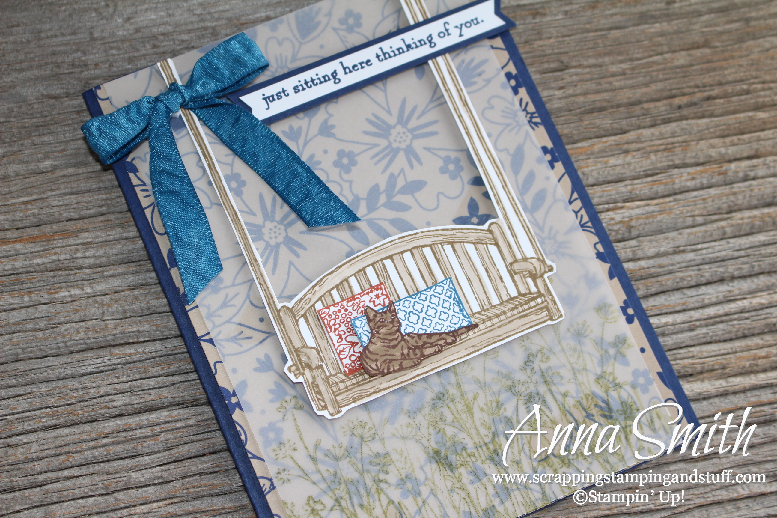 Adorable porch swing and kitty cat card using the Stampin' Up! Sitting Here stamp set and Affectionately Yours designer paper