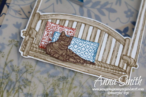 Adorable porch swing and kitty cat card using the Stampin' Up! Sitting Here stamp set and Affectionately Yours designer paper