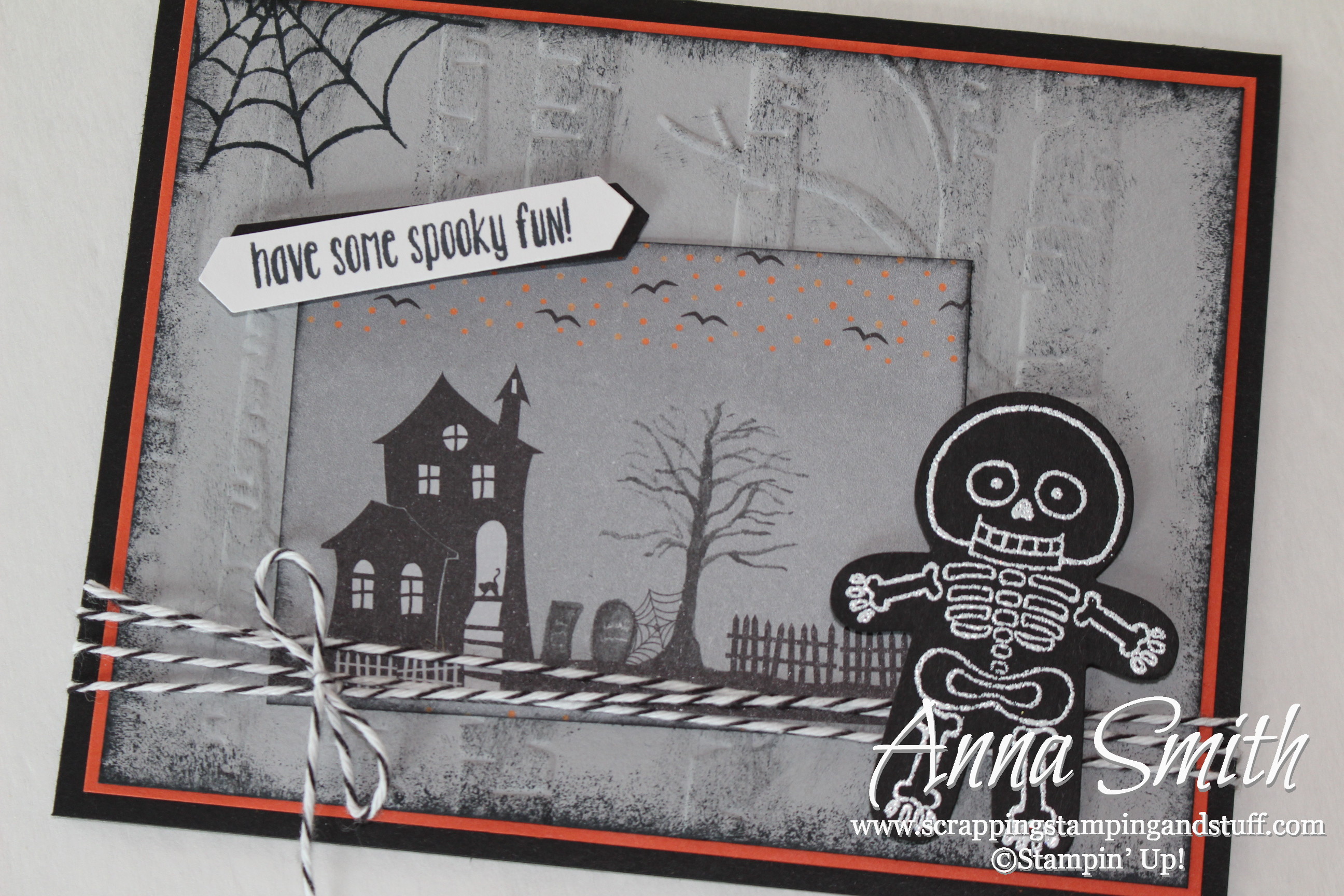 Skeleton Halloween Card made with Stampin' Up! Cookie Cutter Builder Punch, cookie cutter halloween stamp set, woodland embossing folder and Halloween Night designer paper