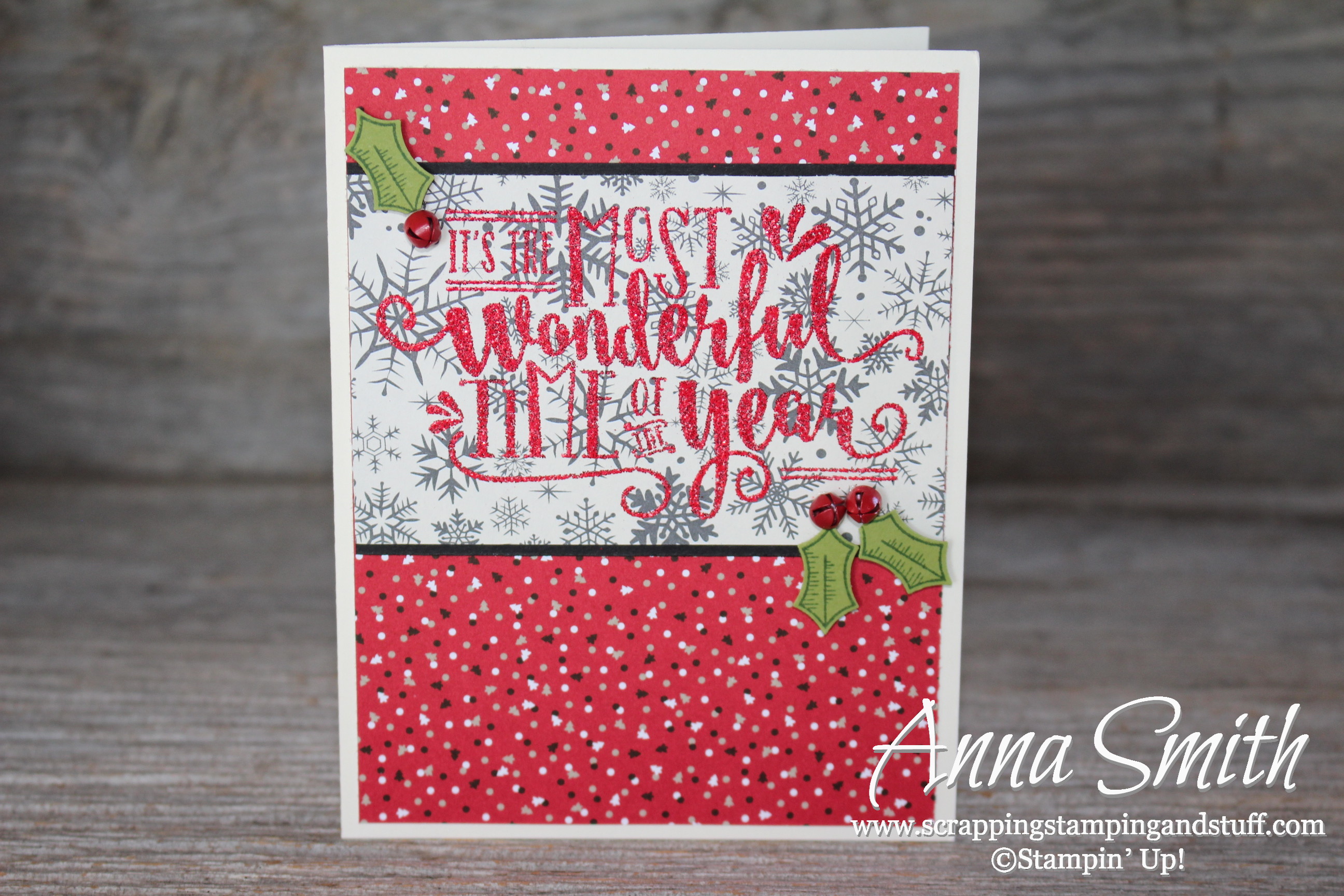 It's the Most Wonderful Time of the Year Christmas Card made with the Wonderful Year stamp set, Candy Cane Lane designer paper and glitter embossing powder!
