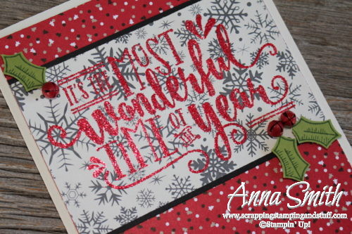 It's the Most Wonderful Time of the Year Christmas Card made with the Wonderful Year stamp set, Candy Cane Lane designer paper and glitter embossing powder!