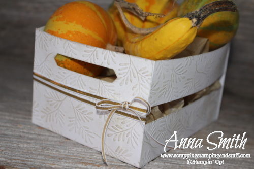 Fall bushel basket birthday card and crate with pumpkins and fall leaves, using the Sheltering Tree and Basket of Wishes stamp sets
